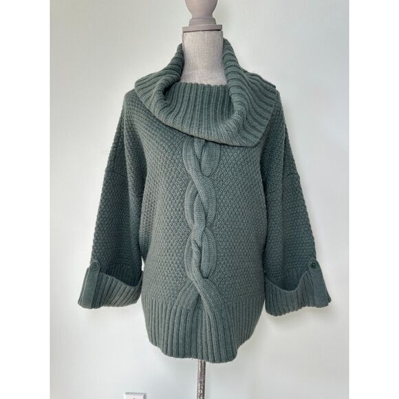 Talbots Chunky Alpaca Wool Blend Cable Knit Cowl Neck Sweater Sage Green size L - Picture 1 of 7